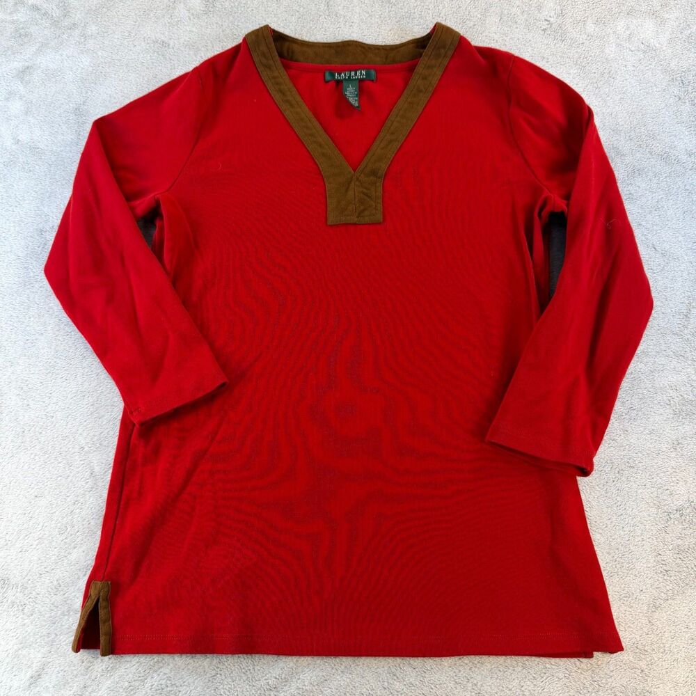 Lauren Ralph Lauren Top Womens Large Red Brown Trim Cotton